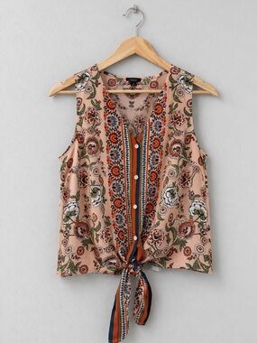 Ann Taylor Floral Sleeveless Tie Front Blouse Boho Paisley Print Button Front  M